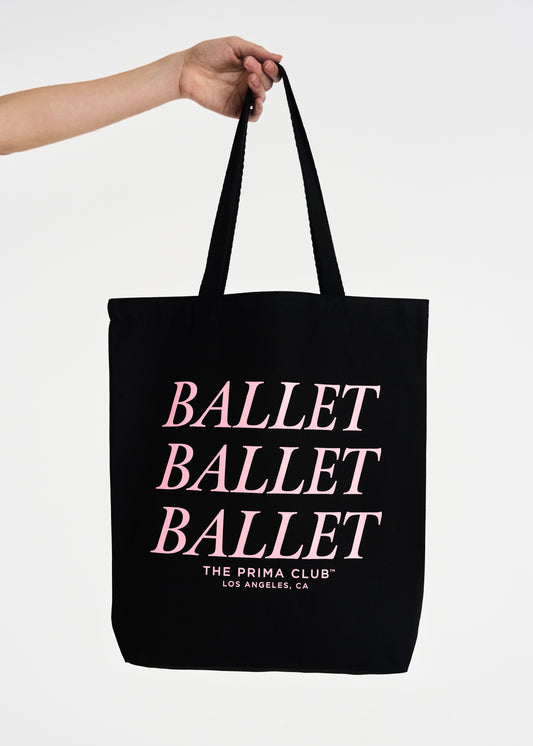 black tote bag with pink ballet design
