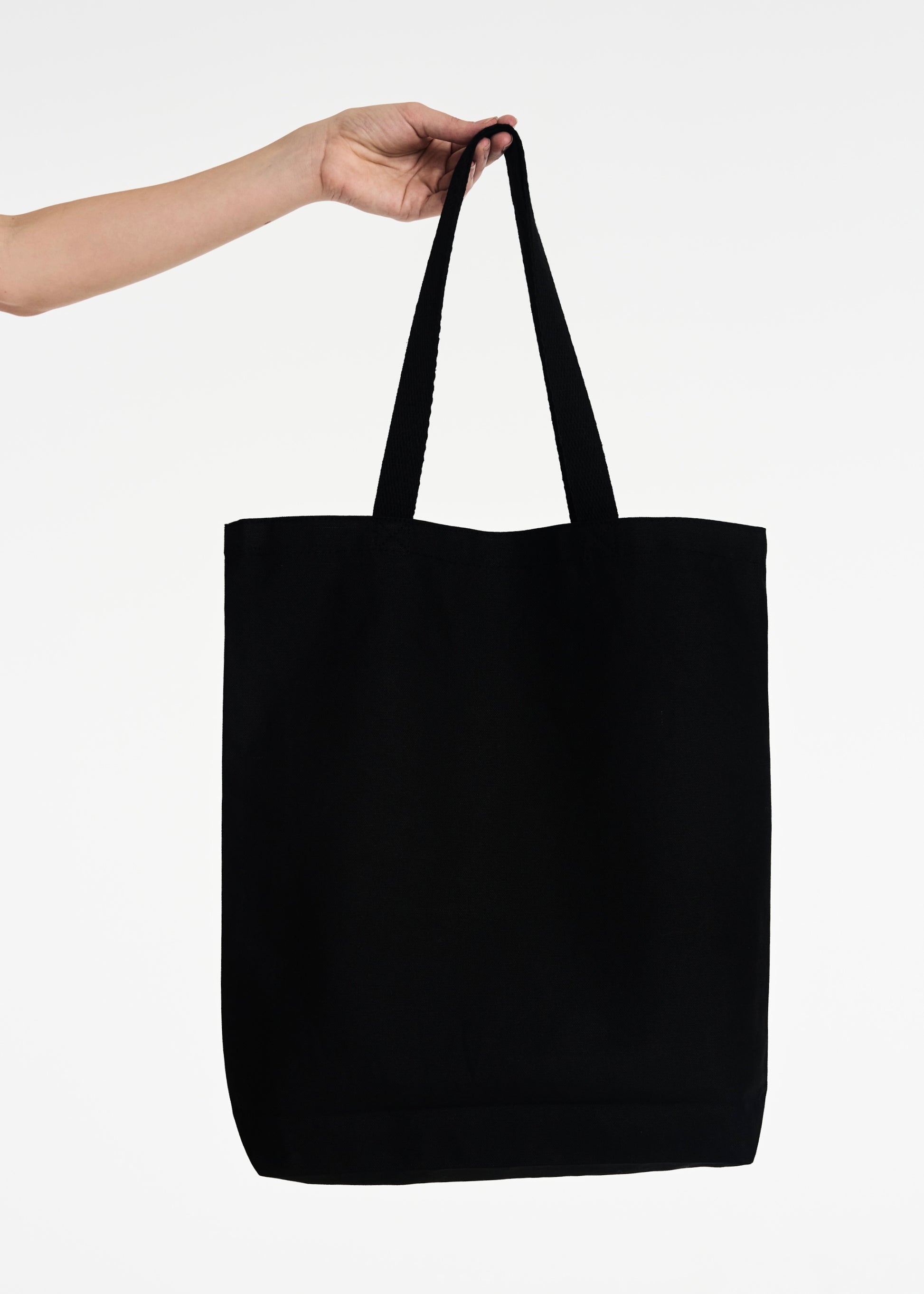 back of plain black tote bag