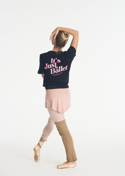 model posing wearing its just ballet t-shirt